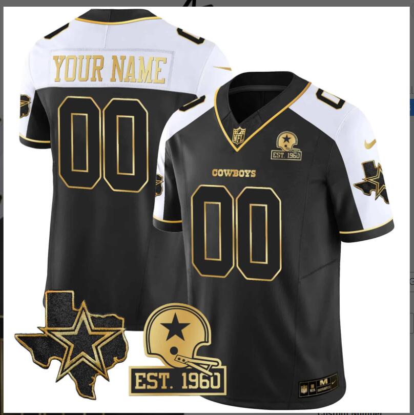 Men 2024 Nike NFL Dallas Cowboys  Texas Patch Gold Vapor Custom Jersey